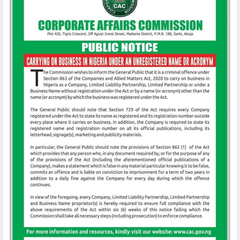 CAC Warns Against Unregistered Business Names. What This Means for You and How to Comply